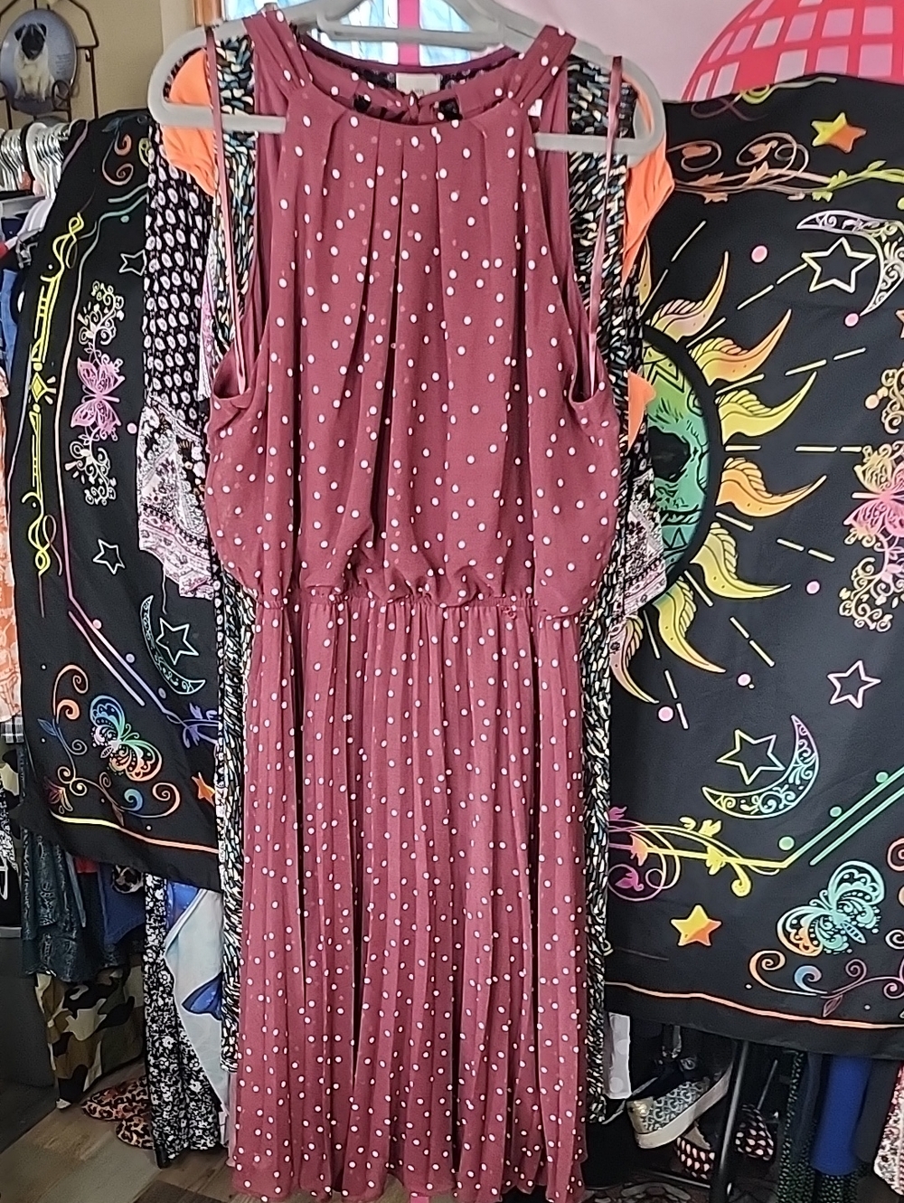 Sleeveless Mauve Pink Polka Dot Midi Dress with Elastic Waist 23ptp